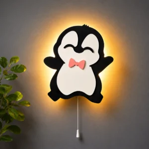 Penguin LED Night Light Wall Lamp | Cute Wooden Kids Room Decor with Warm Glow & Bow Tie