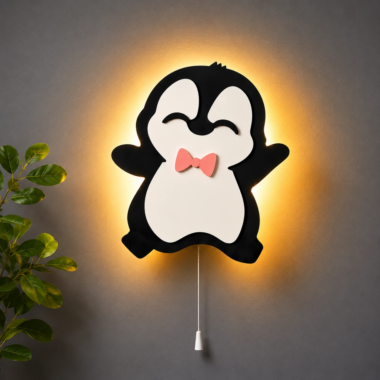 Penguin LED night light wall lamp glowing on bedroom wall with bow tie