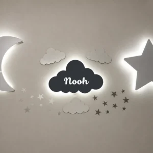 Personalized moon cloud star LED night light set with custom name Noah for nursery