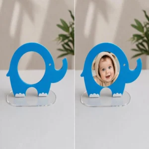 Blue acrylic elephant photo frame with custom baby photo insert for nursery