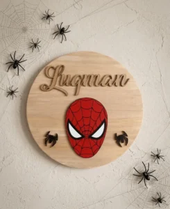 Personalized wooden name sign with superhero mask design for boys room