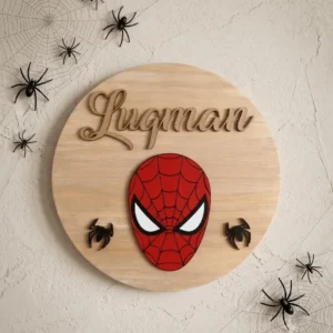 Personalized wooden name sign with superhero mask design for boys room