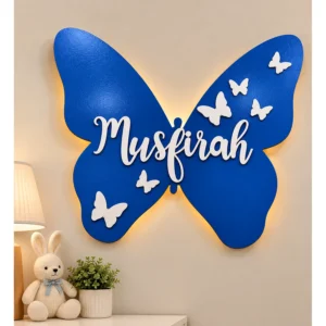 Personalized blue butterfly LED name light with custom name Musfirah for girls room