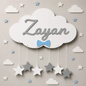 Personalized wooden cloud name sign with custom name Zayan for boys nursery
