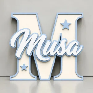 Personalized wooden letter M name standee with custom name Musa for kids room
