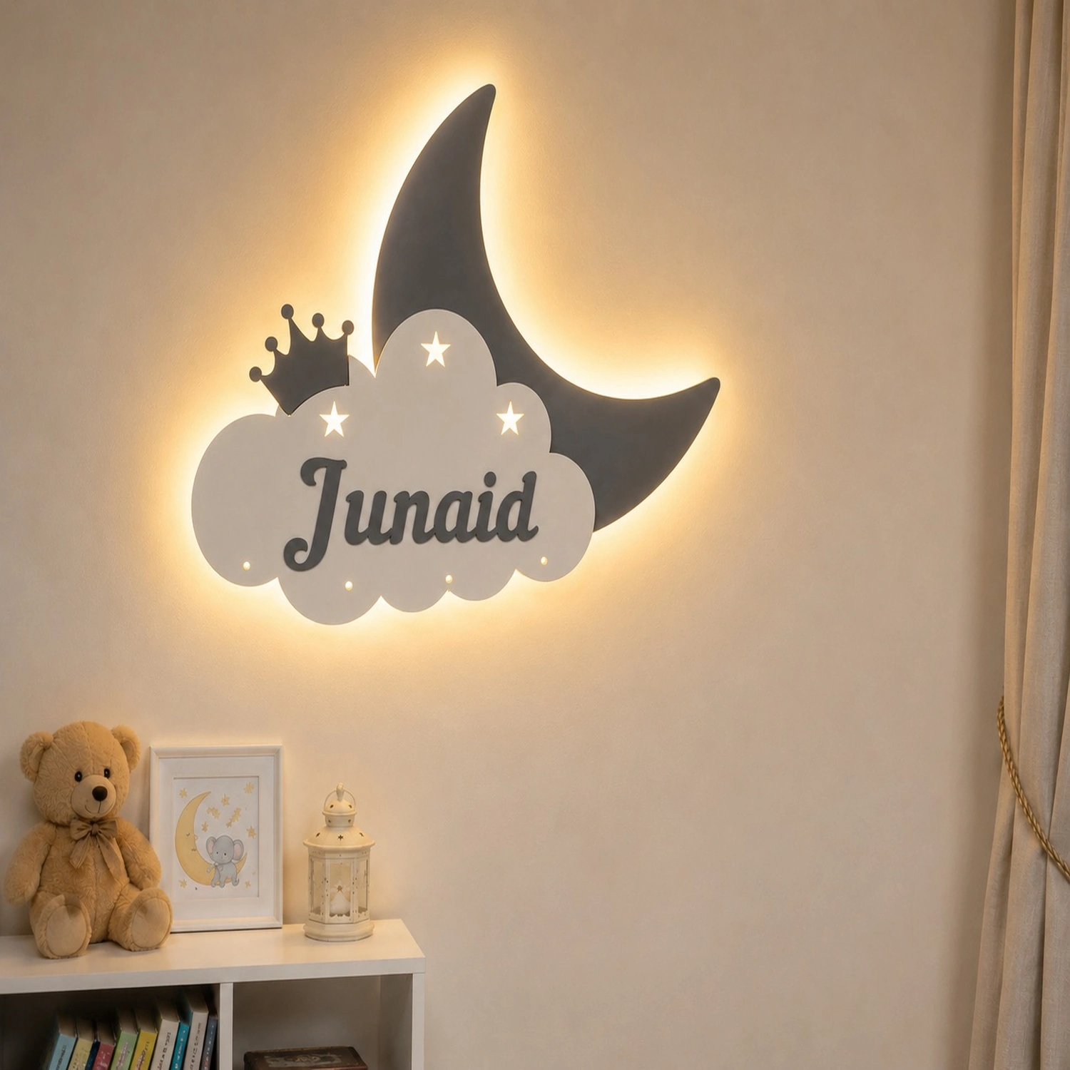 Personalized moon cloud LED night light with custom name Junaid for boys nursery