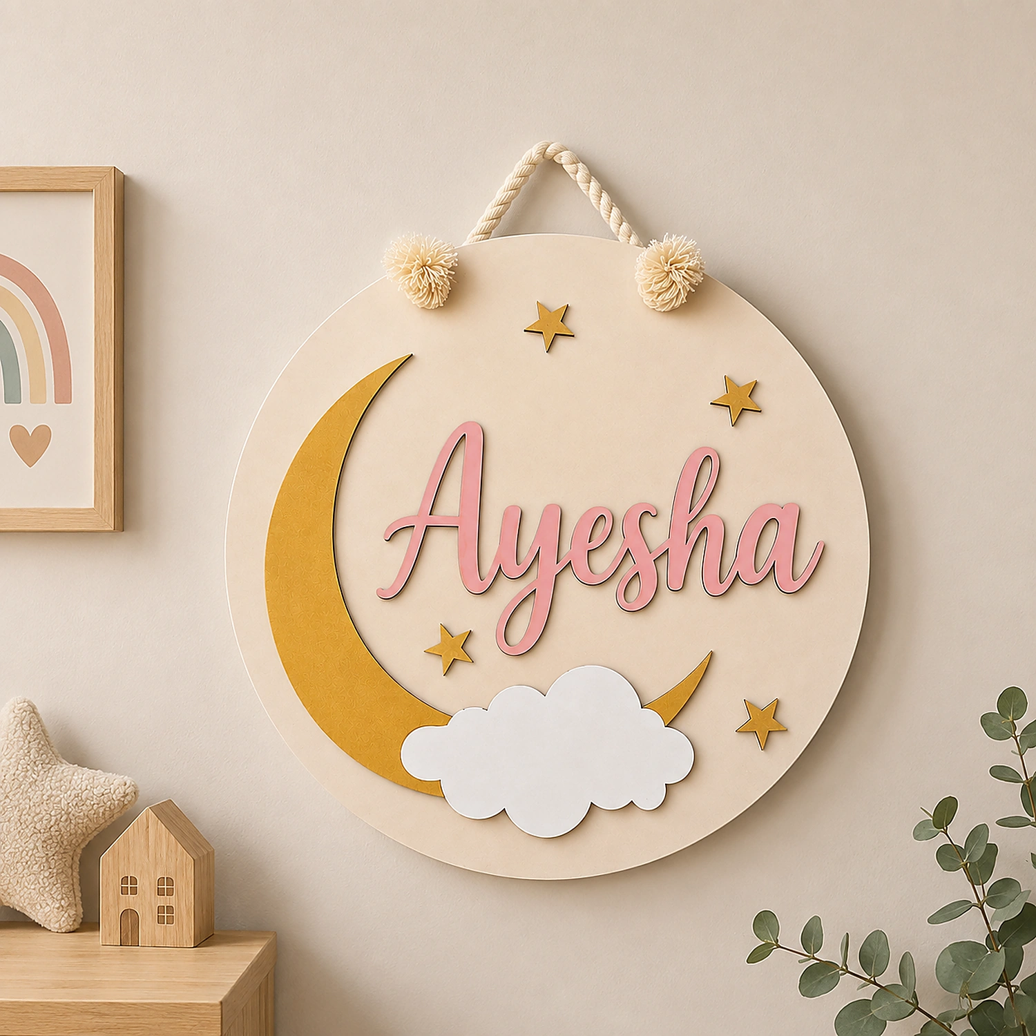 Personalized round moon cloud name sign with custom name Ayesha for nursery