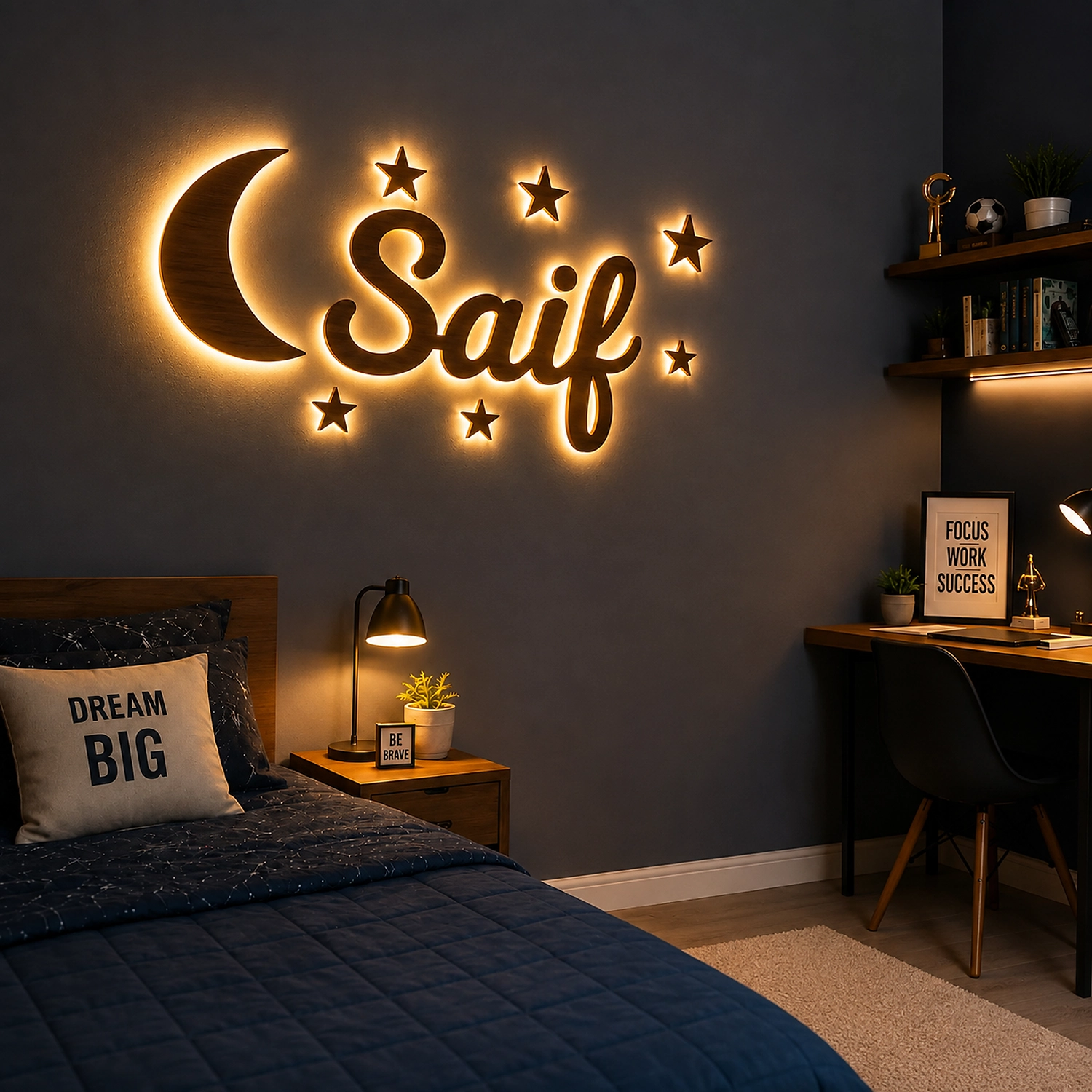 Personalized wooden moon stars LED name light with custom name Saif for boys room