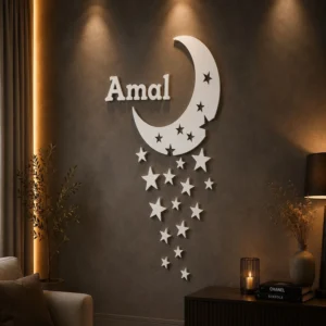 Personalized moon and stars wooden wall decor with custom name sign for nursery
