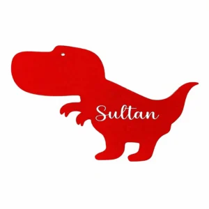 Personalized red T-Rex dinosaur name sign with custom name Sultan for boys room