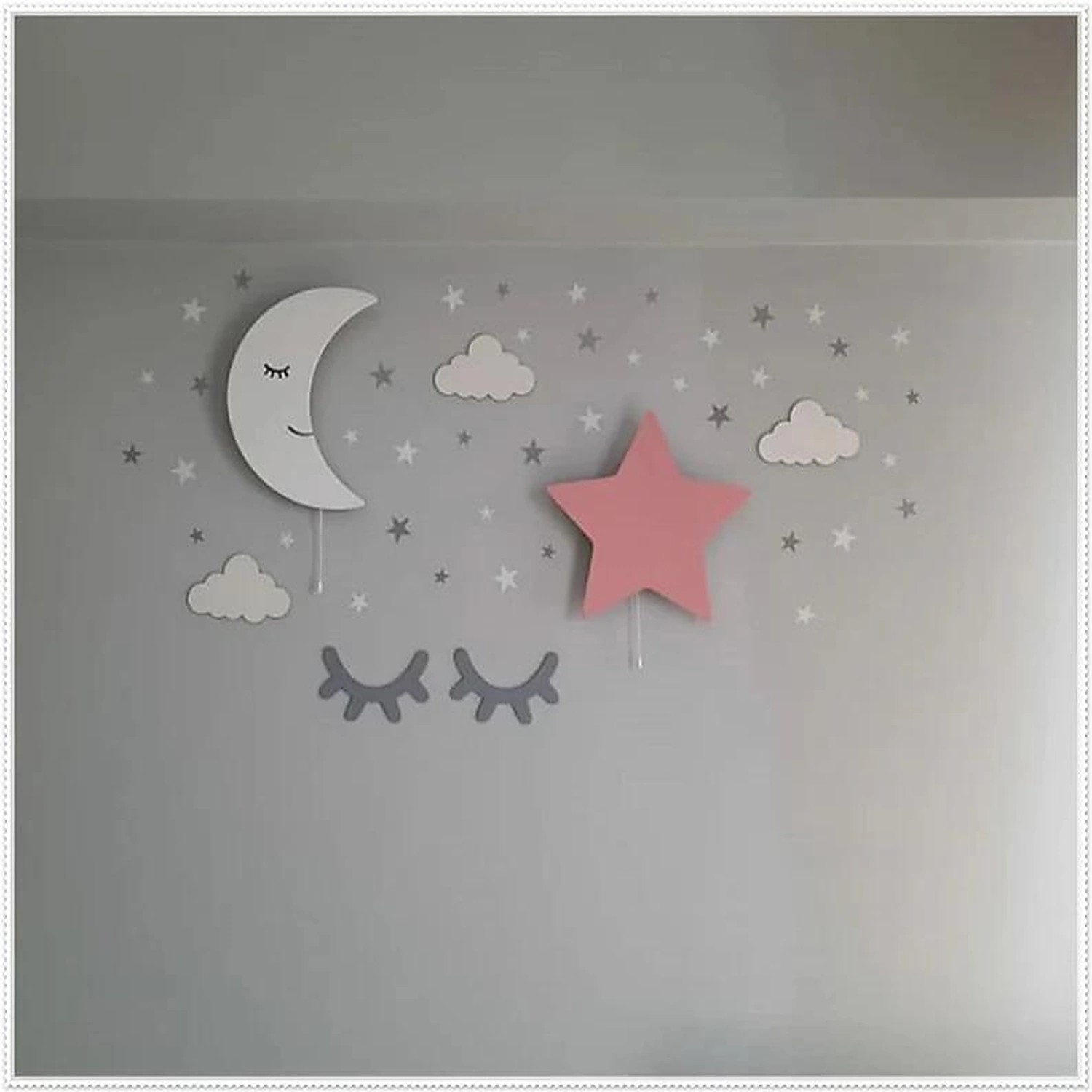 Sleepy moon and pink star LED wall light set with clouds for girls nursery