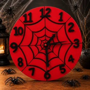 Red spider web halloween wooden wall clock with arrow hands for spooky decor