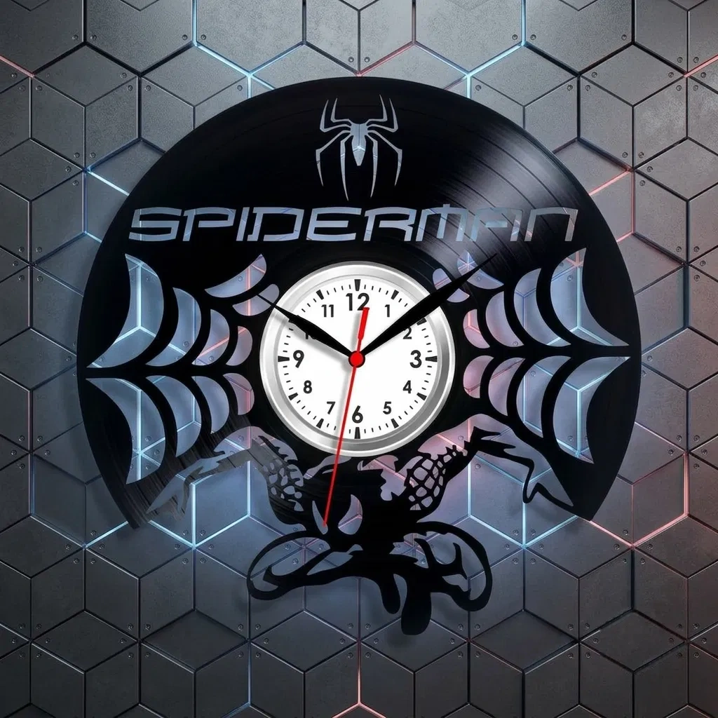 Upcycled vinyl record wall clock with spider web cutout design for boys room