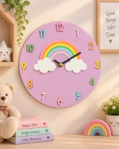 Rainbow Wall Clock for Kids Room – Pastel Wooden & Acrylic Wall Clock | Nursery & Kids Bedroom Decor